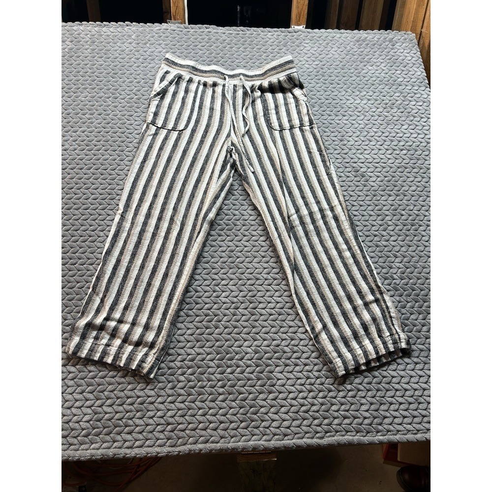 Marissa Olivia Linen Blend Striped Pants L Black Ivory Drawstring Wide Leg